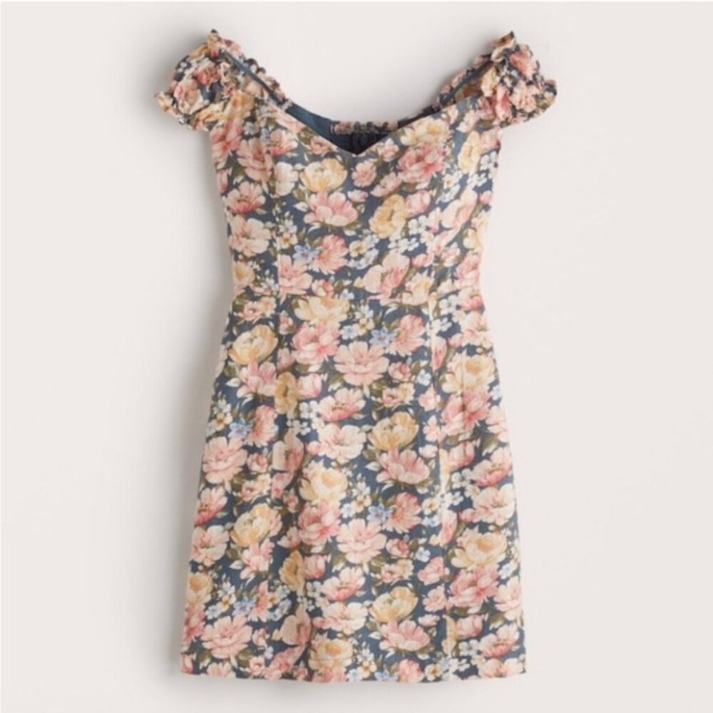 Abercrombie & Fitch Blue Pink Floral Linen Blend Sweetheart Mini Dress Garden